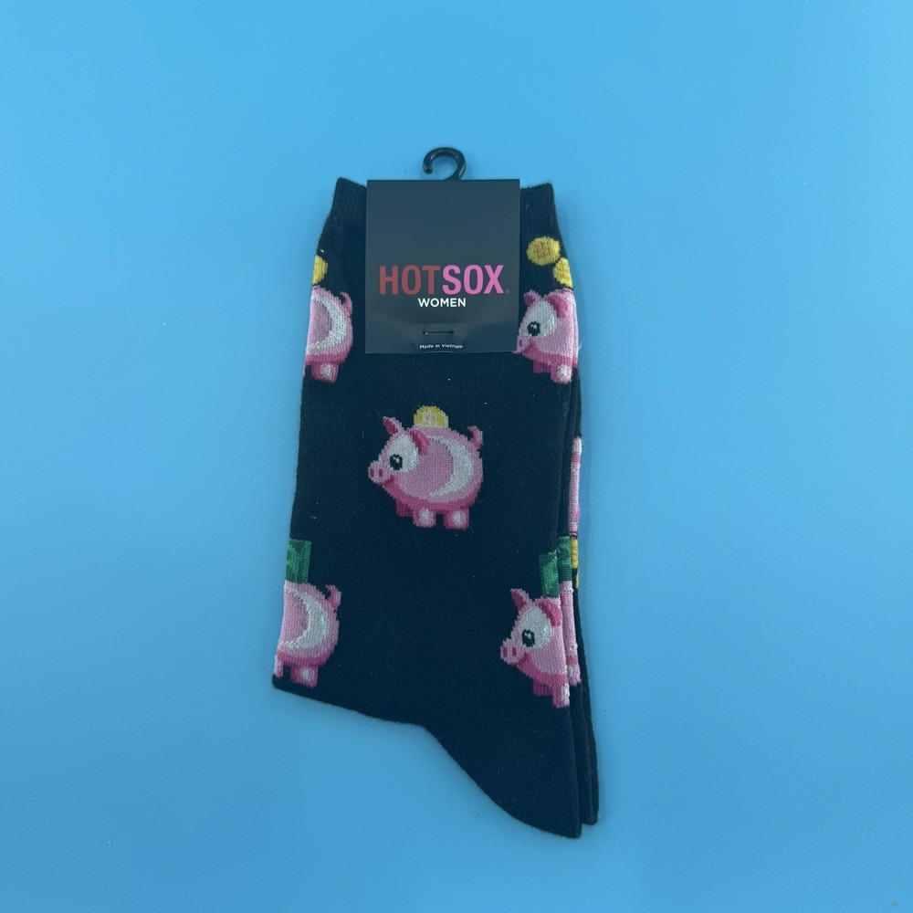 Hot Sox Women's Lucky Pig Crew Socks Black Pink Piggy Bank Size 9–11 New